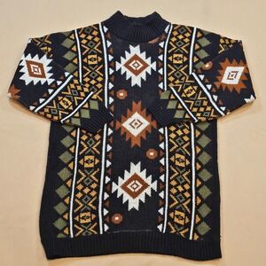 Vintage Clifton Place Southwestern Mock Neck Sweater Black Aztec Made in USA